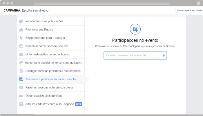 Anúncio Aumentar a participação no seu evento Facebook